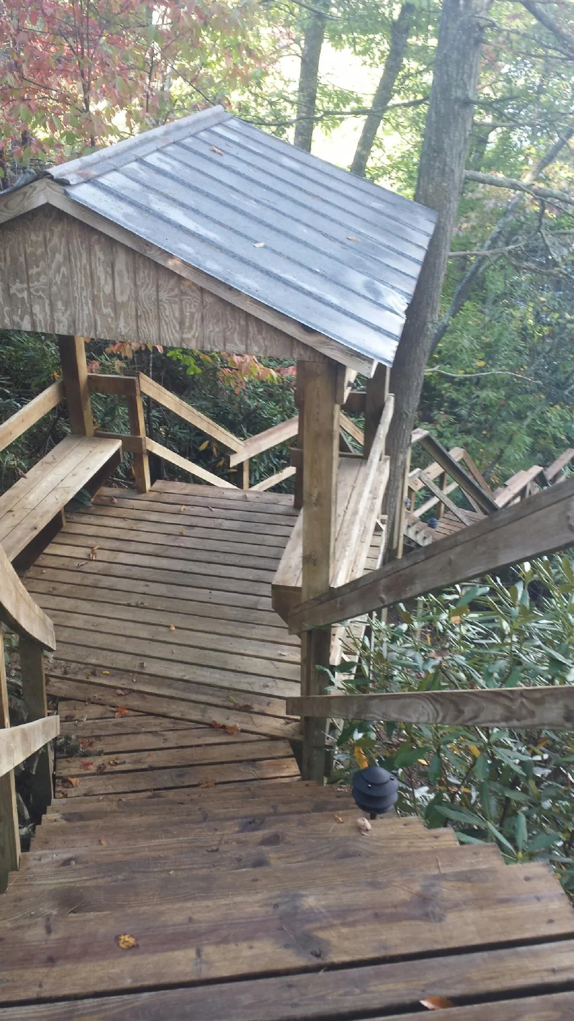 Metal roofed shelter over wooden steps on a wooded walkway — Skylight Repair & Installation work by our crew in Woodacre